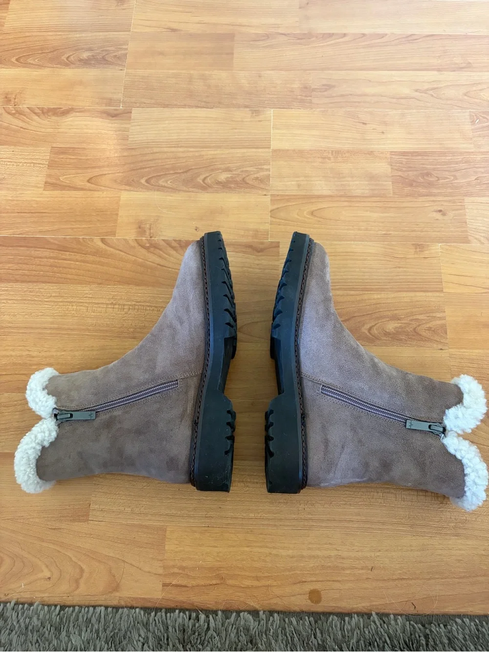 Aquatalia Taupe Suede Shearling-Trim Ankle Boots 5 1/2